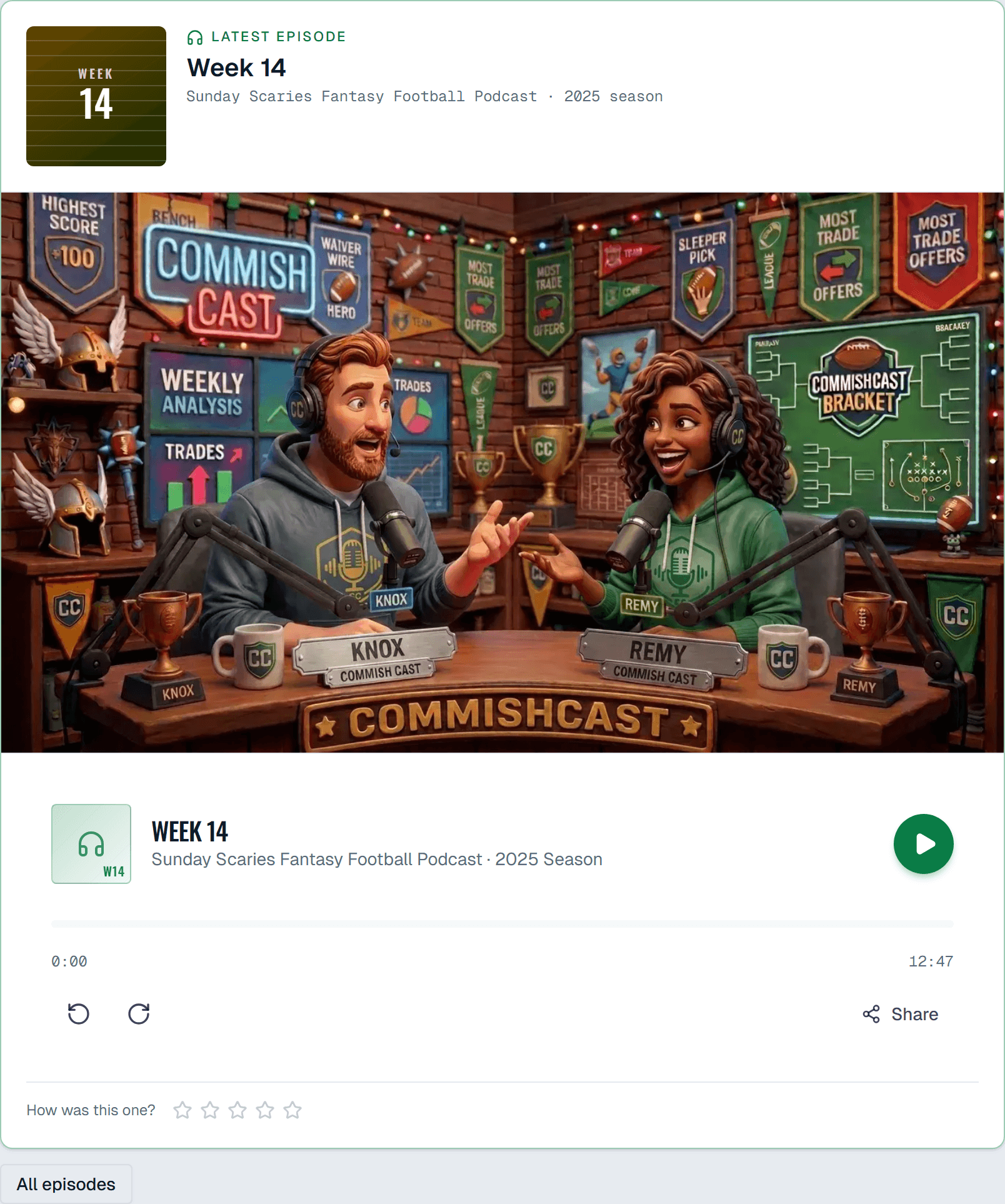 A New Episode Every Week — a screenshot of the CommishCast dashboard